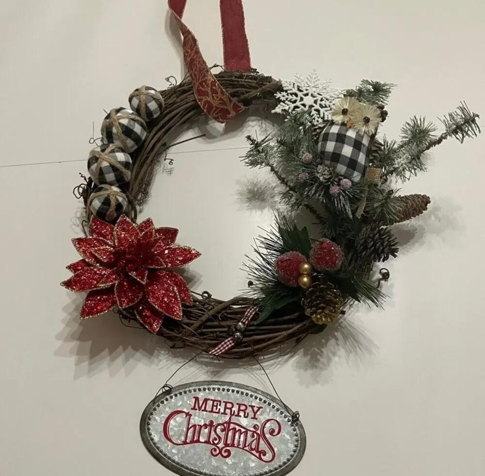 Christmas Owl Buffalo Plaid Grapevine Wreath 16
